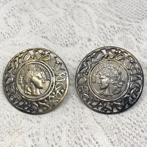 Statement style round Greek or Italian coin like bronze earrings vintage.